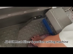 JY-36K क्षैतिज मांस स्लाइसर जिसमें आउटफीड कन्वेयर बेल्ट है जो जमे हुए बीफ और पोर्क को स्लाइस करता है